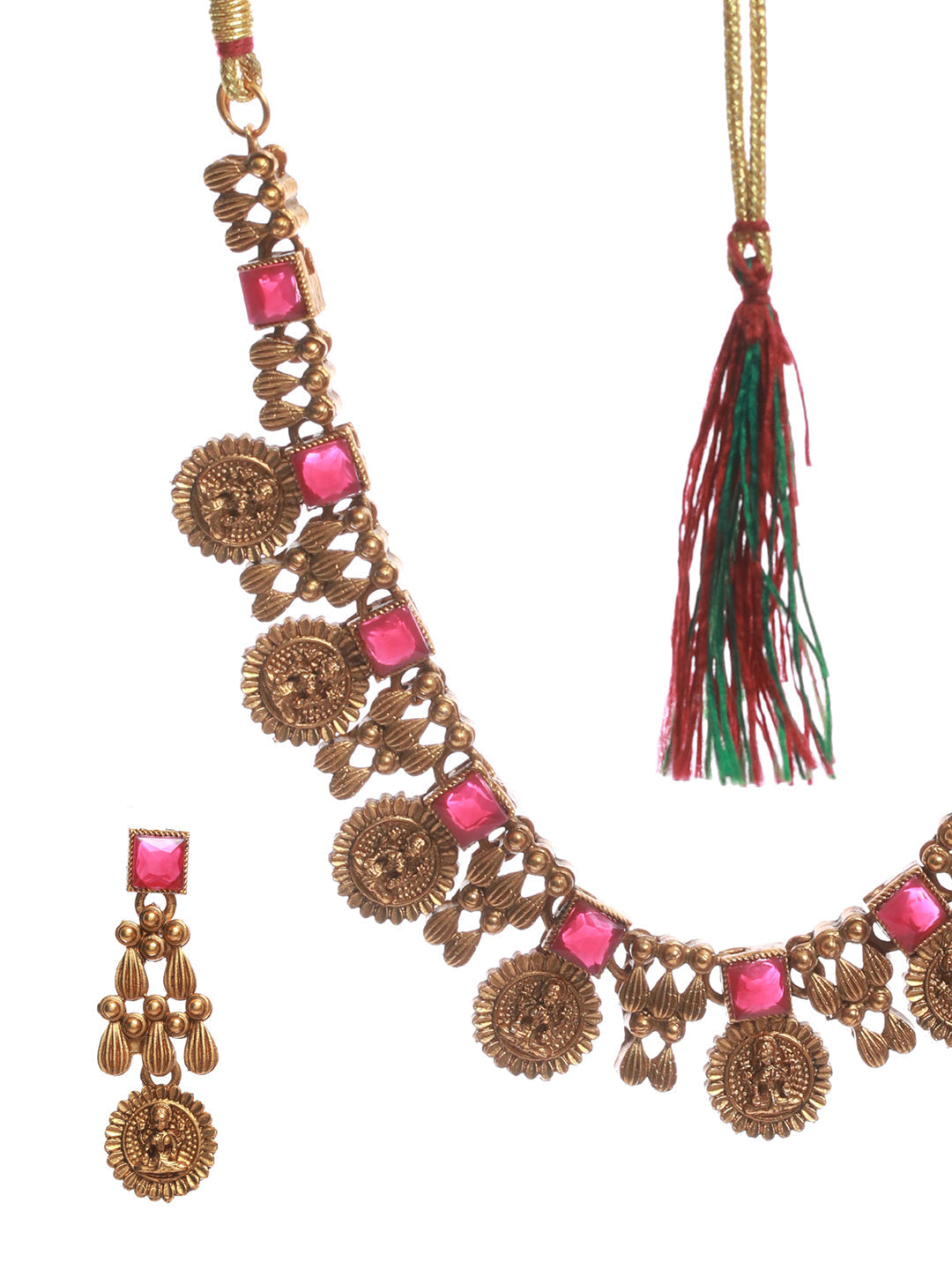 Priyaasi Women Goddess Laxmi Pink Stone Studded Gold Plated Jewellery Set - Grab2buy