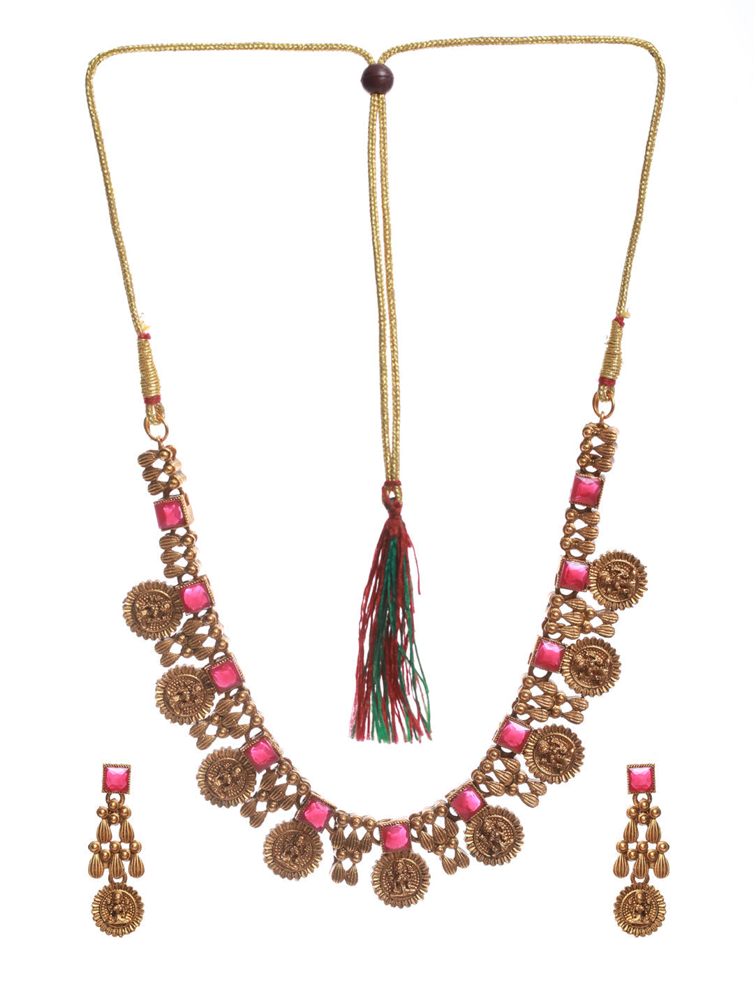 Priyaasi Women Goddess Laxmi Pink Stone Studded Gold Plated Jewellery Set - Grab2buy
