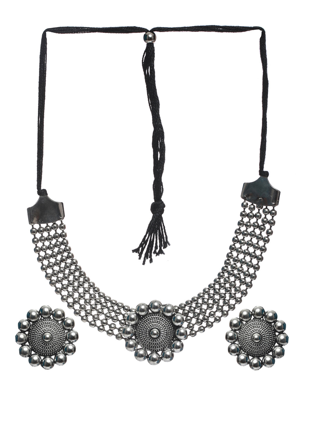 Priyaasi Women Oxidised Silver Floral Multilayer Chain Jewellery Set - Grab2buy