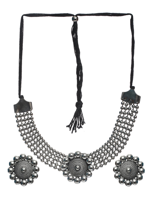 Priyaasi Women Oxidised Silver Floral Multilayer Chain Jewellery Set - Grab2buy