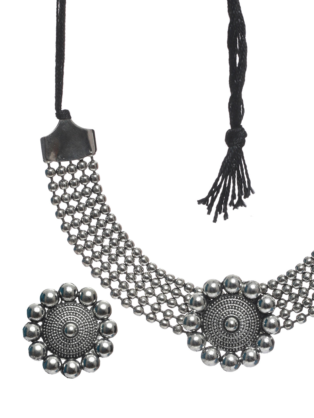 Priyaasi Women Oxidised Silver Floral Multilayer Chain Jewellery Set - Grab2buy