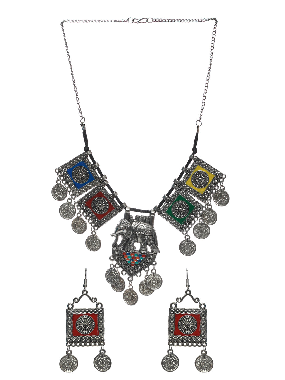 Priyaasi Women Oxidised Silver Multicolor Floral Elephant Pattern Jewellery Set - Grab2buy