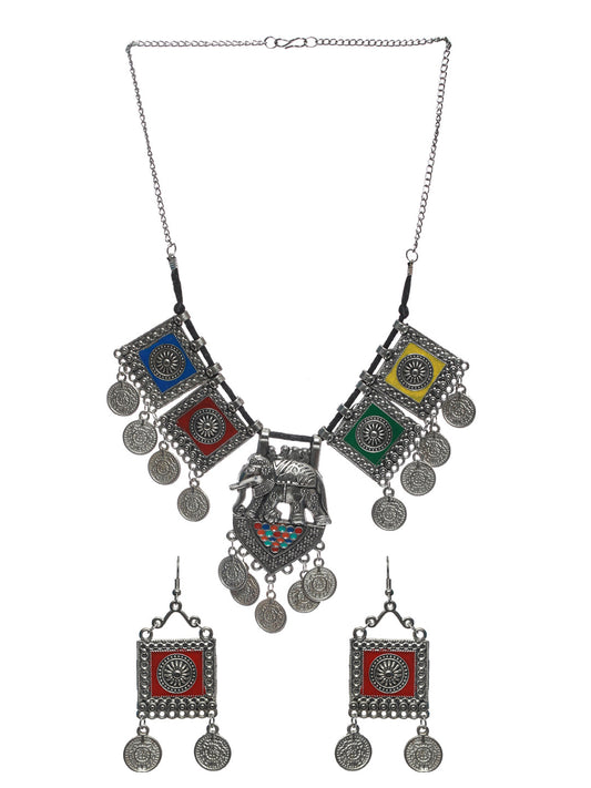 Priyaasi Women Oxidised Silver Multicolor Floral Elephant Pattern Jewellery Set - Grab2buy