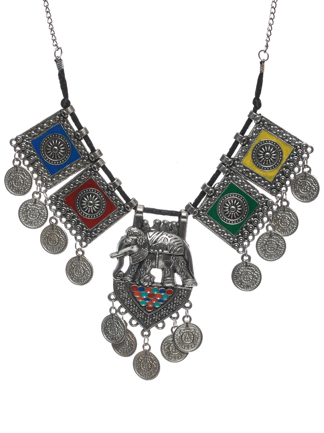 Priyaasi Women Oxidised Silver Multicolor Floral Elephant Pattern Jewellery Set - Grab2buy