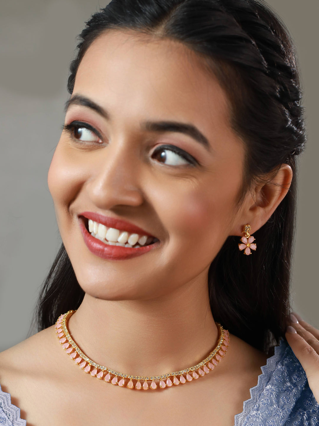 Priyaasi Women Pink Floral Leaf Gold Plated AD Studded Jewellery Set - Grab2buy