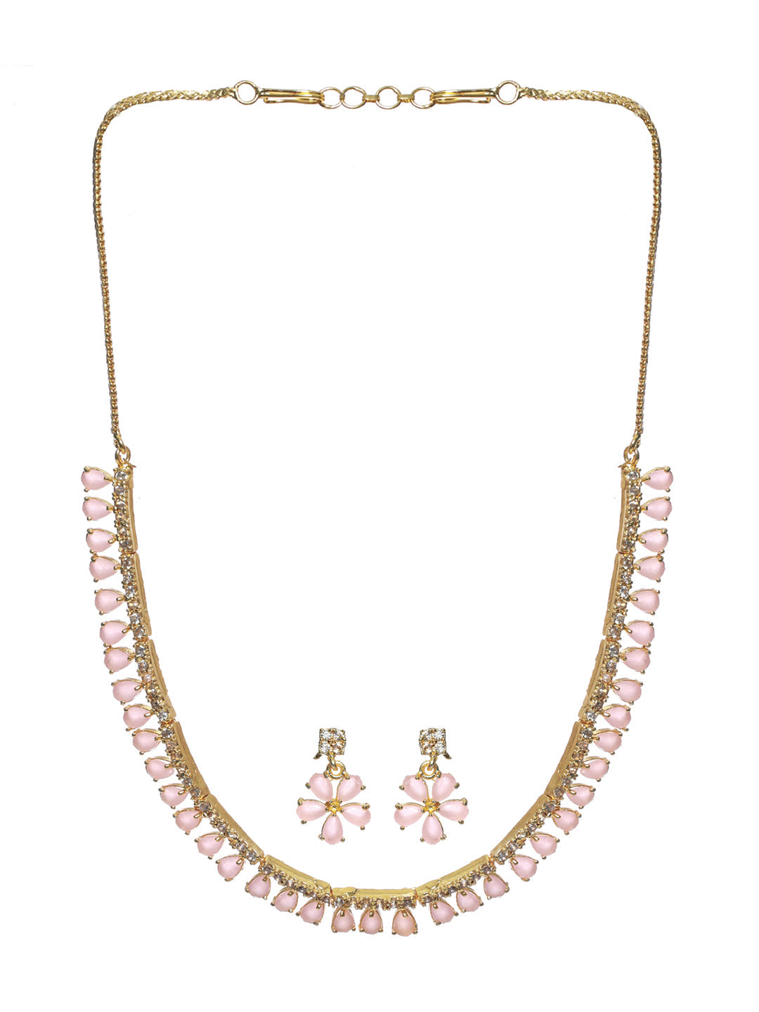 Priyaasi Women Pink Floral Leaf Gold Plated AD Studded Jewellery Set - Grab2buy