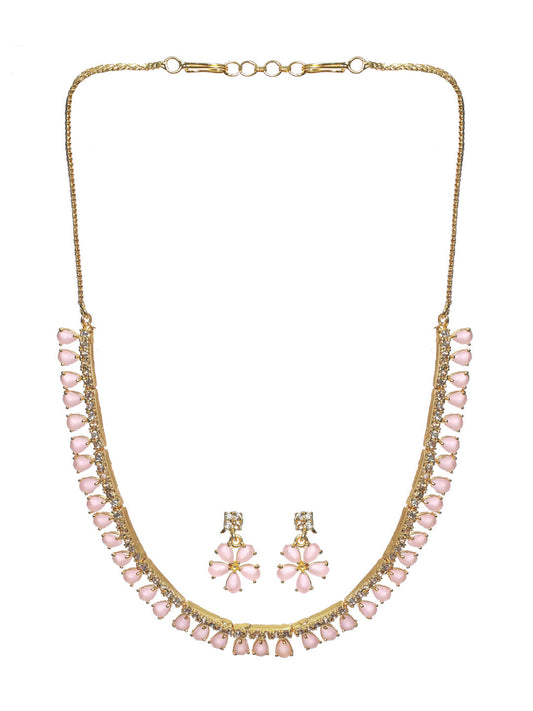 Priyaasi Women Pink Floral Leaf Gold Plated AD Studded Jewellery Set - Grab2buy