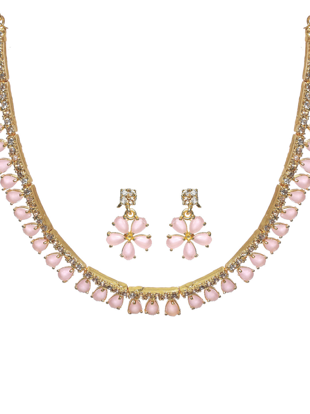 Priyaasi Women Pink Floral Leaf Gold Plated AD Studded Jewellery Set - Grab2buy