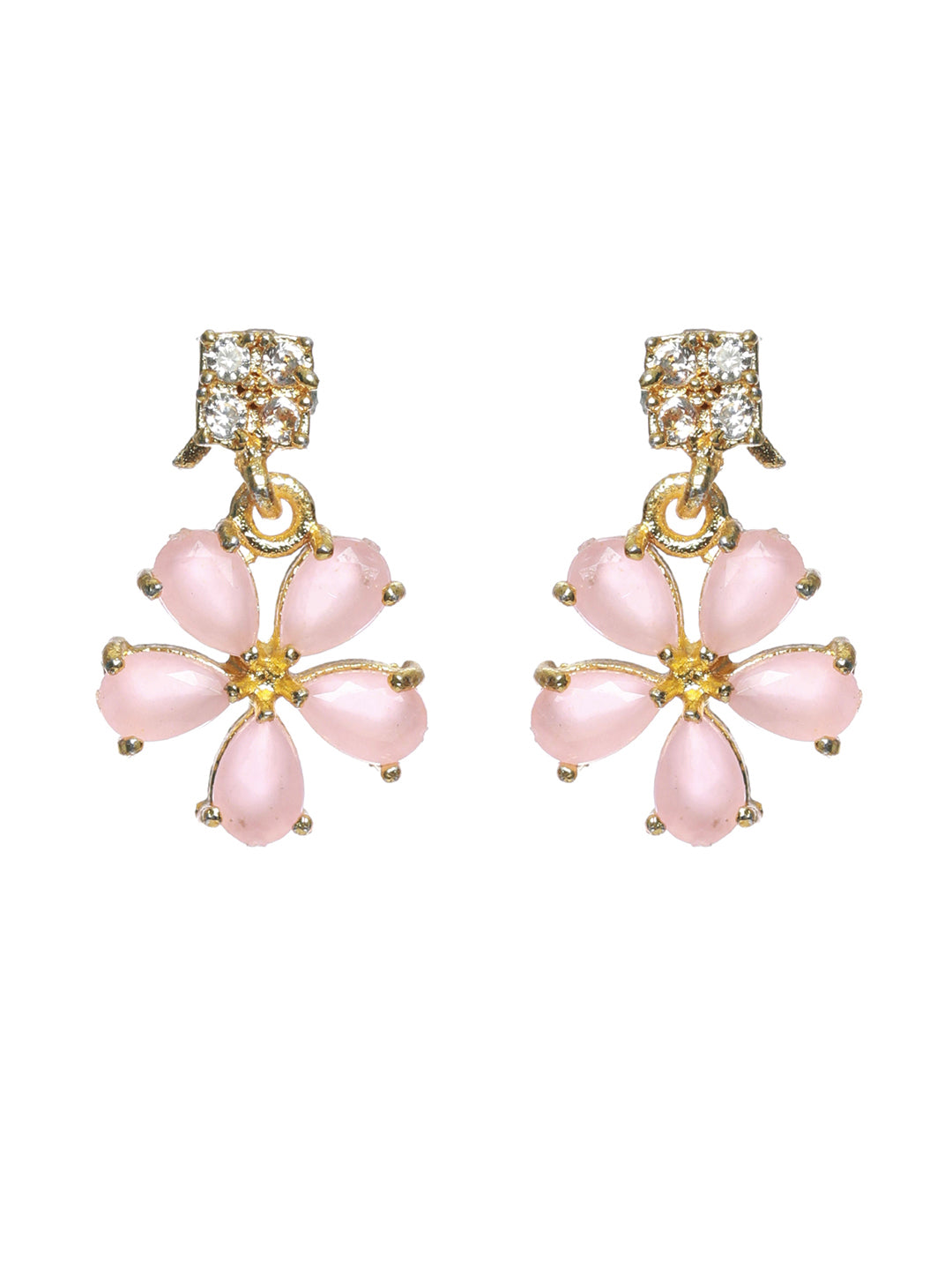 Priyaasi Women Pink Floral Leaf Gold Plated AD Studded Jewellery Set - Grab2buy