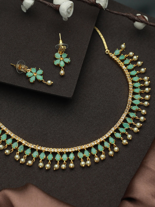 Priyaasi Women Mint Green Floral Leaf Gold Plated Jewellery Set - Grab2buy