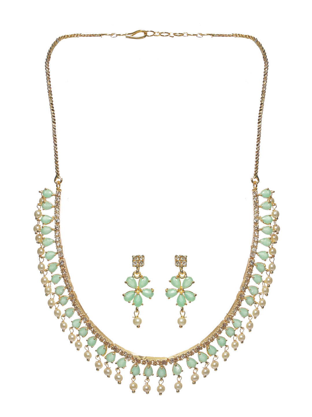 Priyaasi Women Mint Green Floral Leaf Gold Plated Jewellery Set - Grab2buy