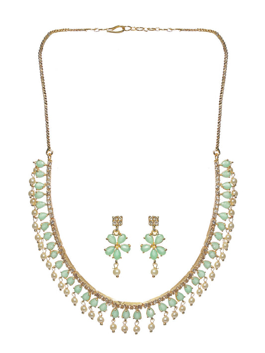 Priyaasi Women Mint Green Floral Leaf Gold Plated Jewellery Set - Grab2buy