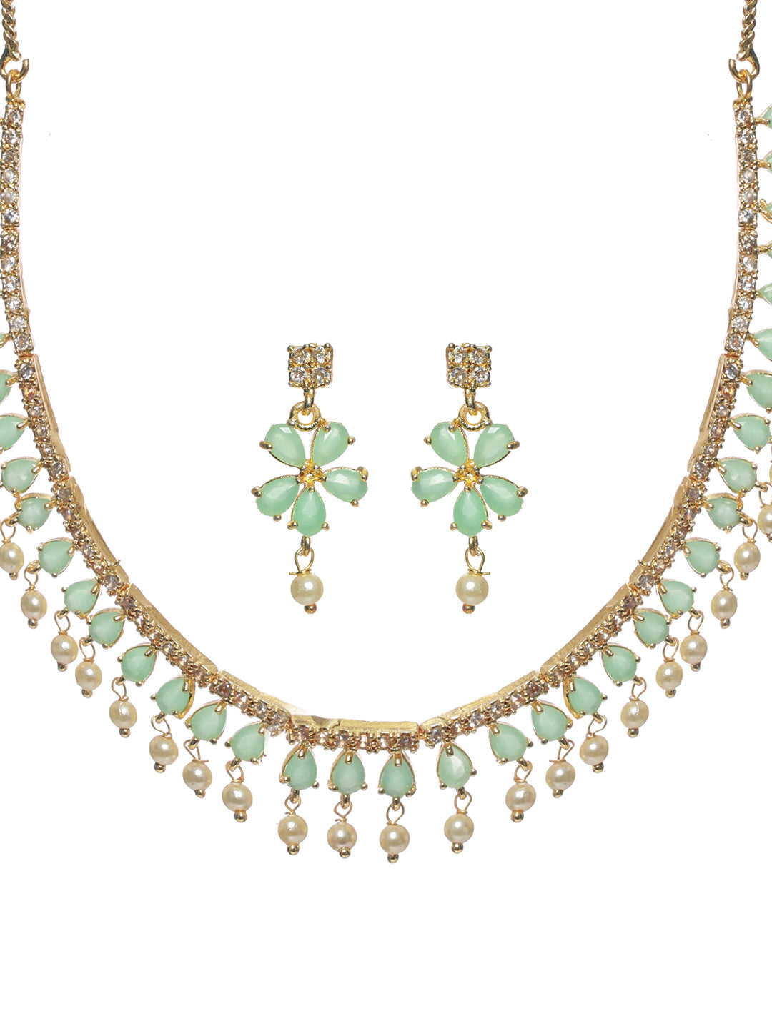Priyaasi Women Mint Green Floral Leaf Gold Plated Jewellery Set - Grab2buy