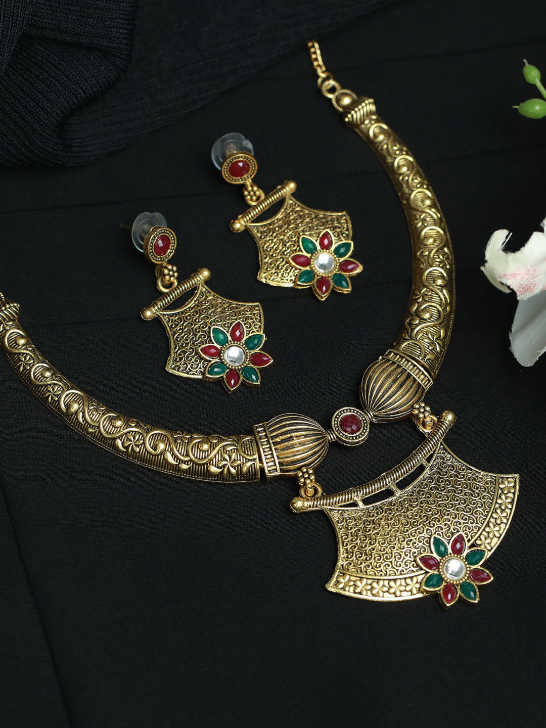 Priyaasi Women Floral Multicolor Gold Plated Jewellery Set - Grab2buy