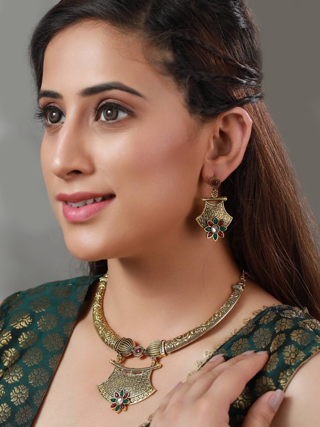 Priyaasi Women Floral Multicolor Gold Plated Jewellery Set - Grab2buy