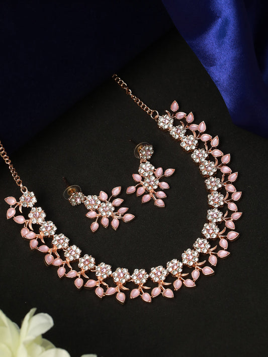 Priyaasi Women Pink Studded Floral Rose Gold Plated Jewellery Set - Grab2buy