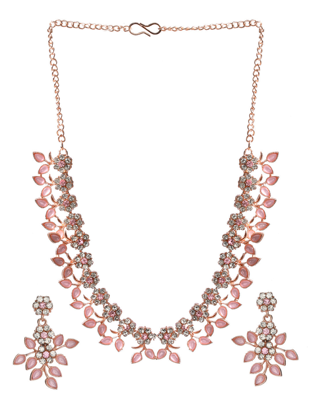 Priyaasi Women Pink Studded Floral Rose Gold Plated Jewellery Set - Grab2buy