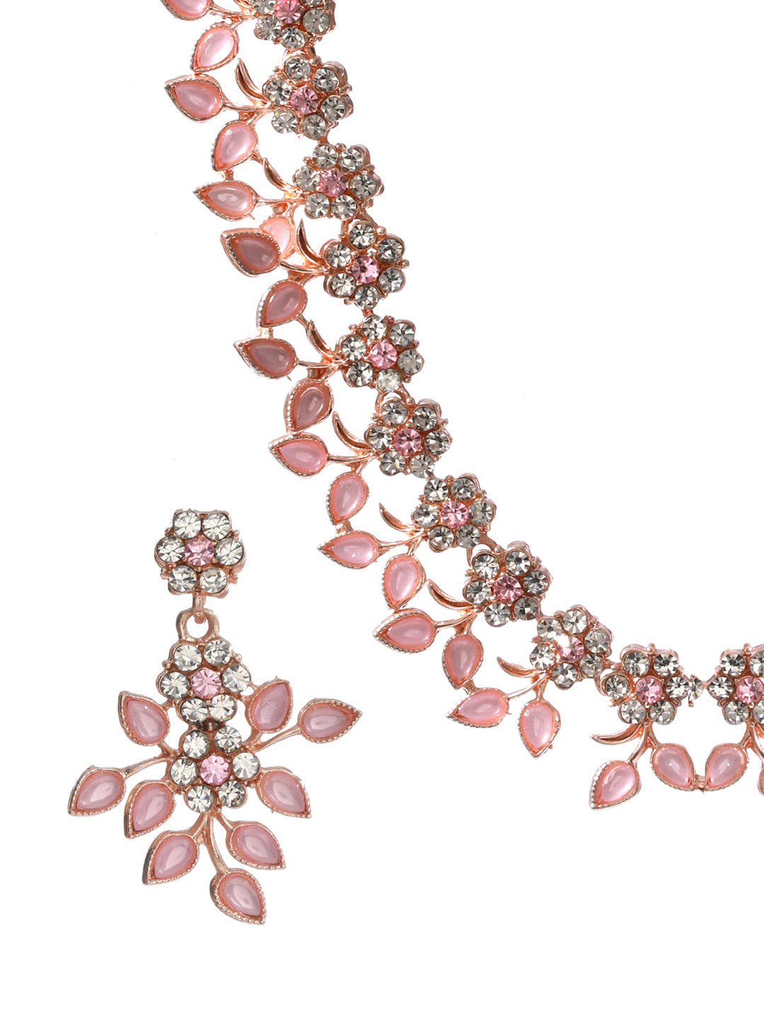 Priyaasi Women Pink Studded Floral Rose Gold Plated Jewellery Set - Grab2buy