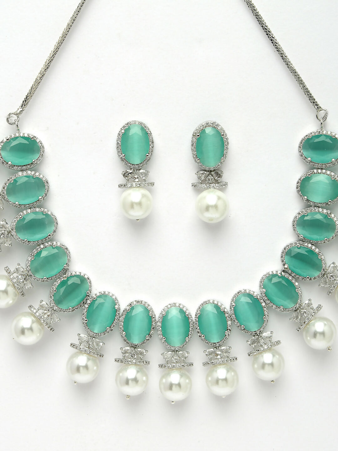 NVR Women's Silver-Plated Green American Diamond Studded Handcrafted Jewellery Set - Grab2buy