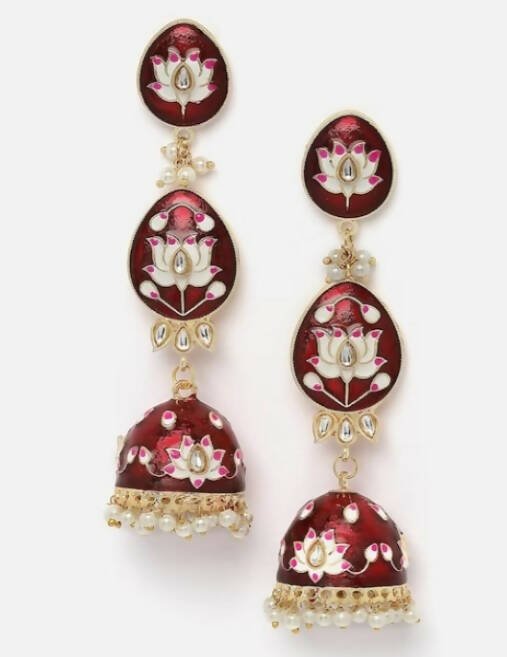 Alloy Base Metal Gold-Toned Kundan Oval Jhumkas Earrings for Women & Girls By House of Ree - Grab2buy