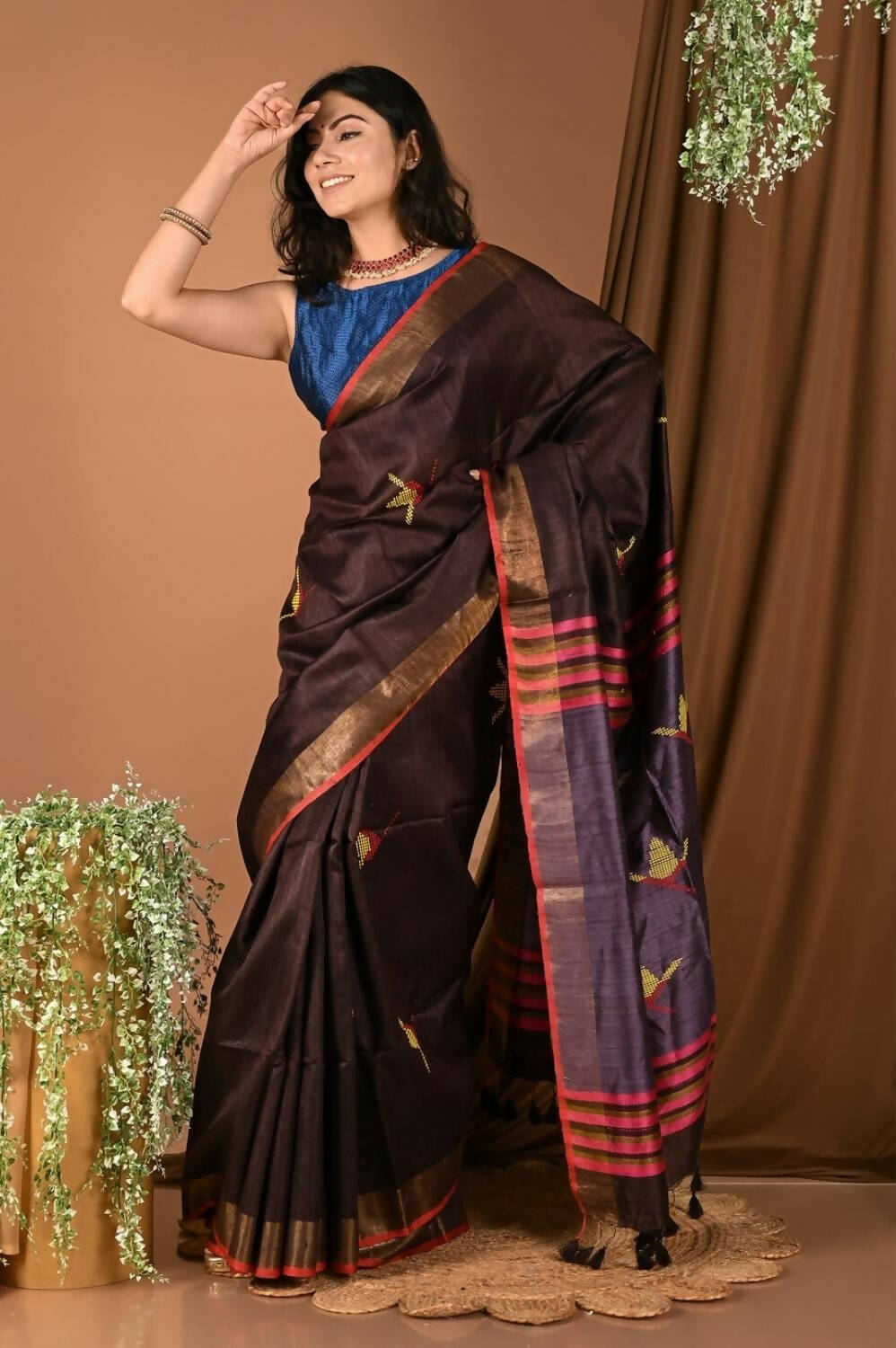 Very Much Indian Handloom Pure Dupion Silk Saree With Sleek Golden Border - Brown - Grab2buy