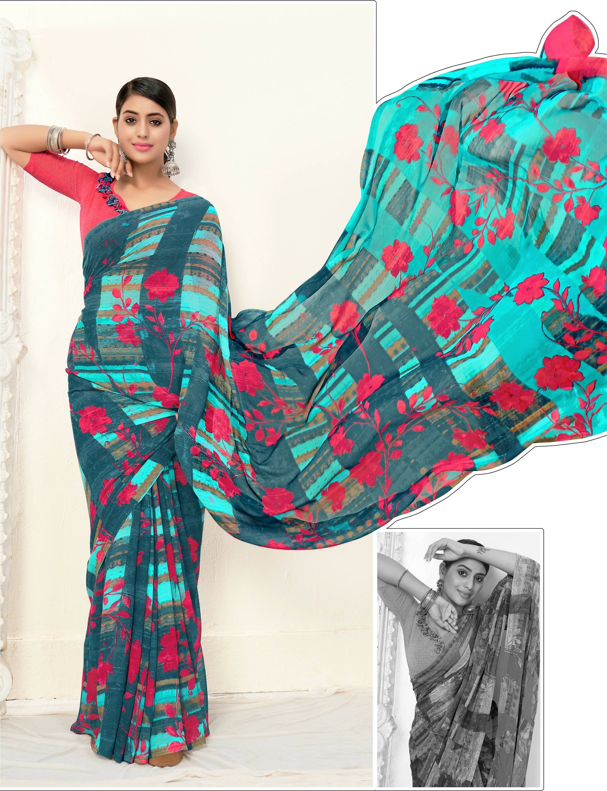 Teal Georgette Floral Printed Saree With Unstitched Blouse Piece - Jyoti