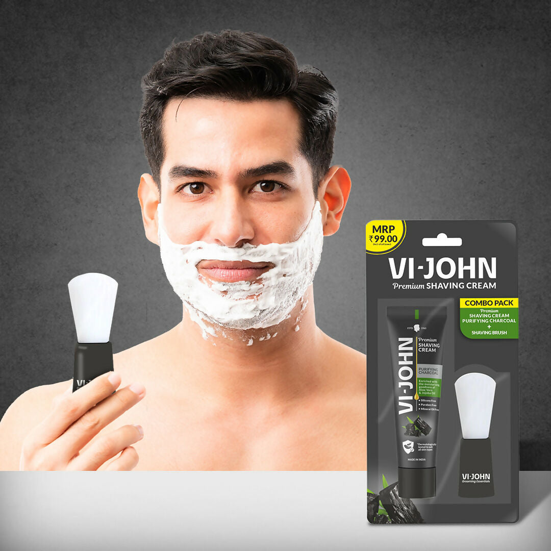 VI-JOHN Dermatologically Tested Premium Claming Aqua Shaving With Shaving Brush Cream Enriched with Aloevera & Almond Oil free From Silicone, Paraben & Mineral Oil | Swadesiicart