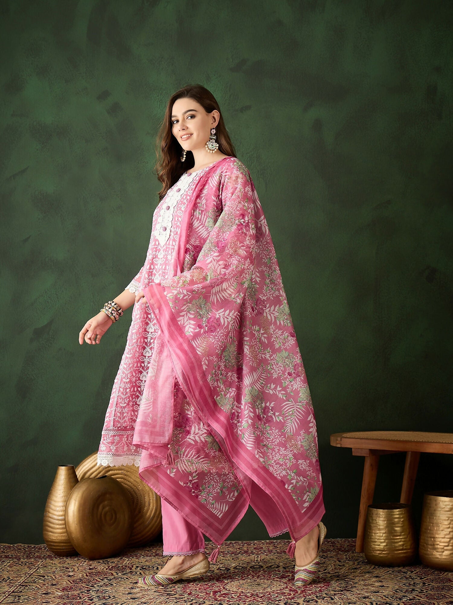Pink Crystal Organza schiffli embroidery Kurta With Trouser & Dupatta - Bhumi