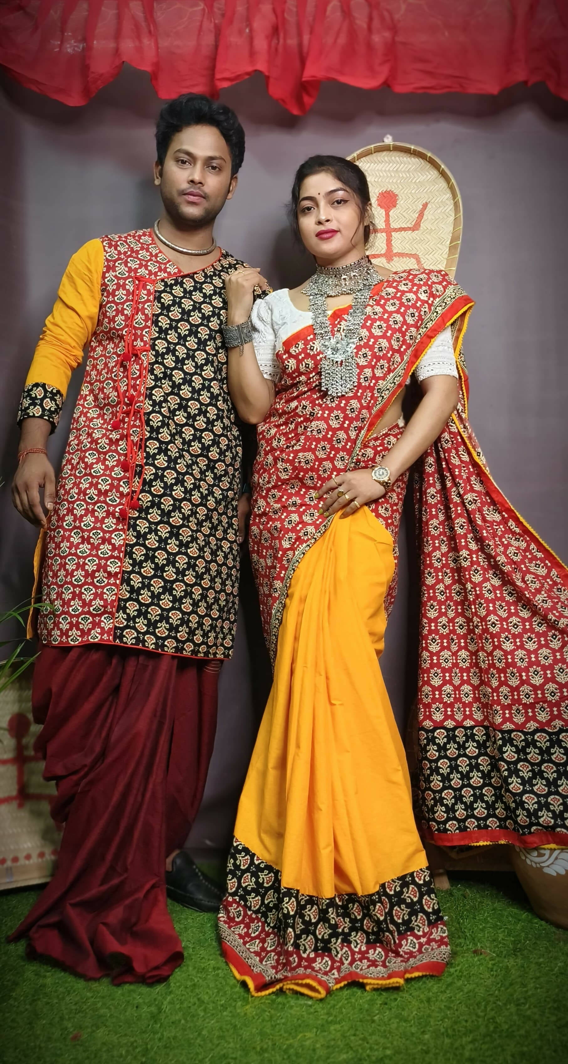 Exclusive Collection Grab2Buy With Blouse Piece For Women And Men's Kurta - Yellow 
