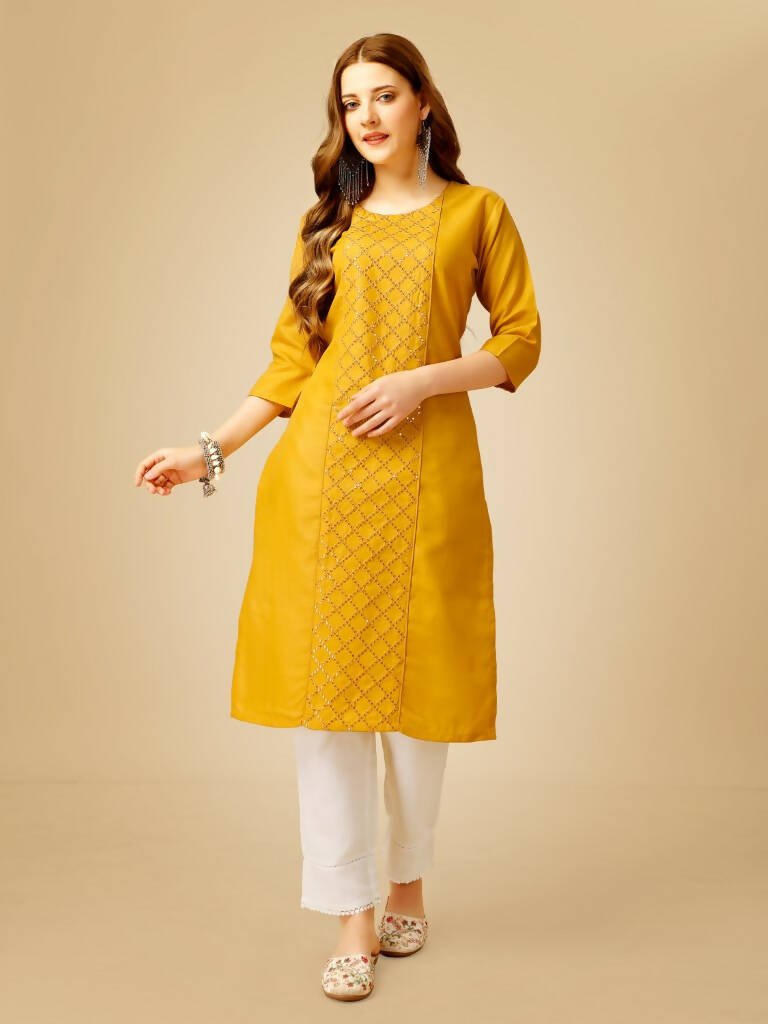 Aastha Fashion Women's Yellow Cotton Blend Embroidered Kurta Pant Set - Grab2buy