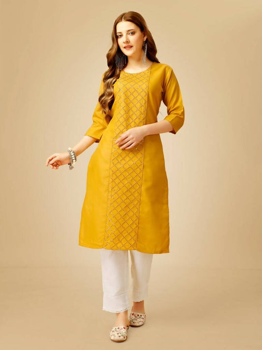 Aastha Fashion Women's Yellow Cotton Blend Embroidered Kurta Pant Set - Grab2buy