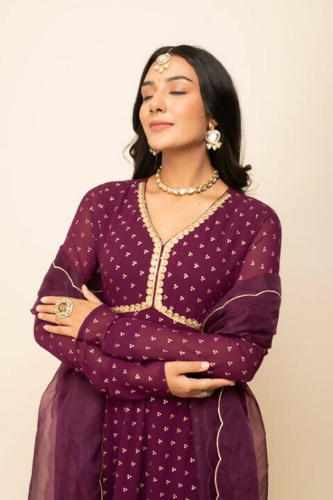 FIORRA Women's Wine Georgette Anarkali Kurta With Dupatta 