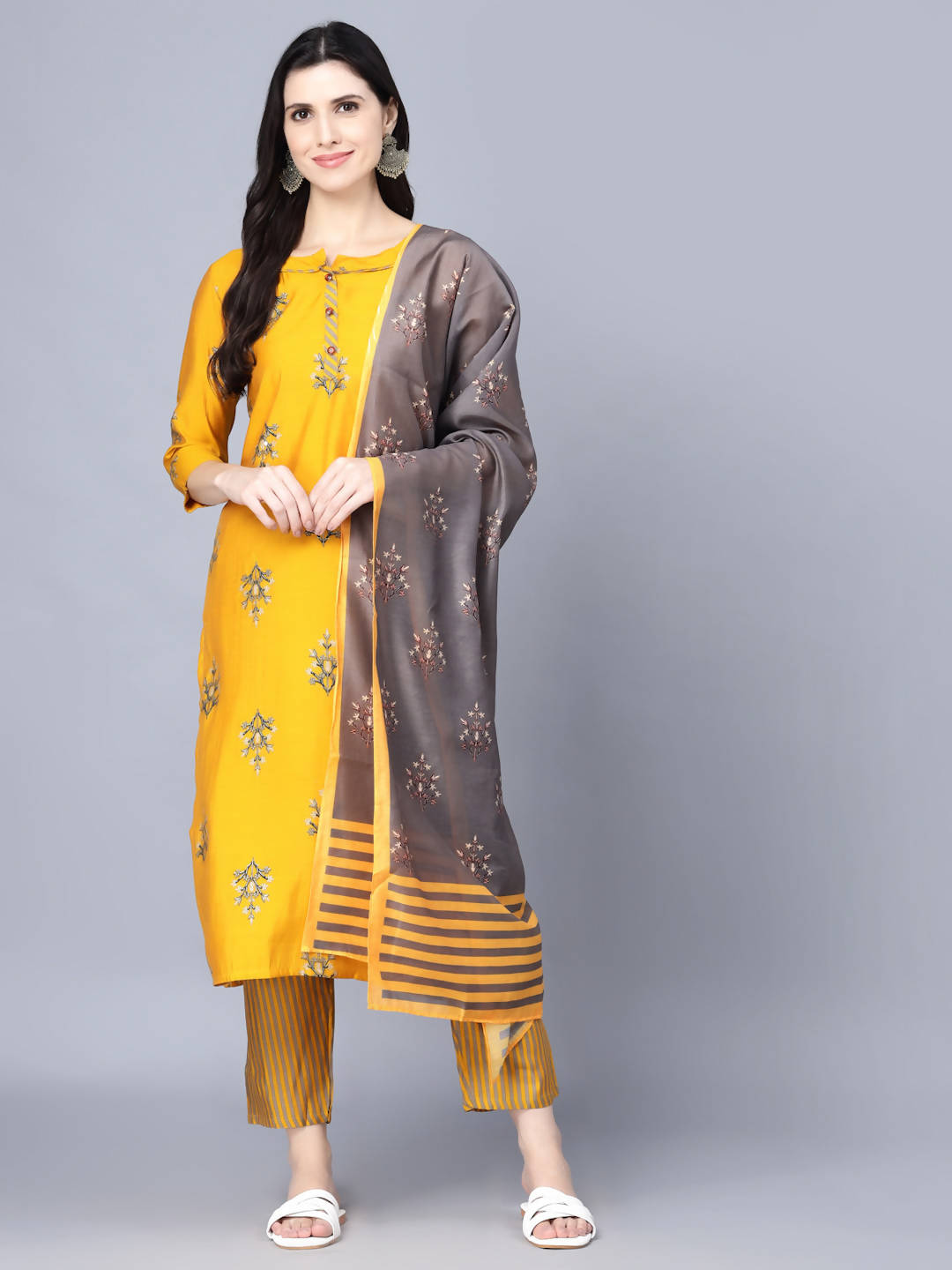 Myshka Women Mustard Yellow Ethnic Motifs Embroidered Panelled Kurti with Trousers With Dupatta