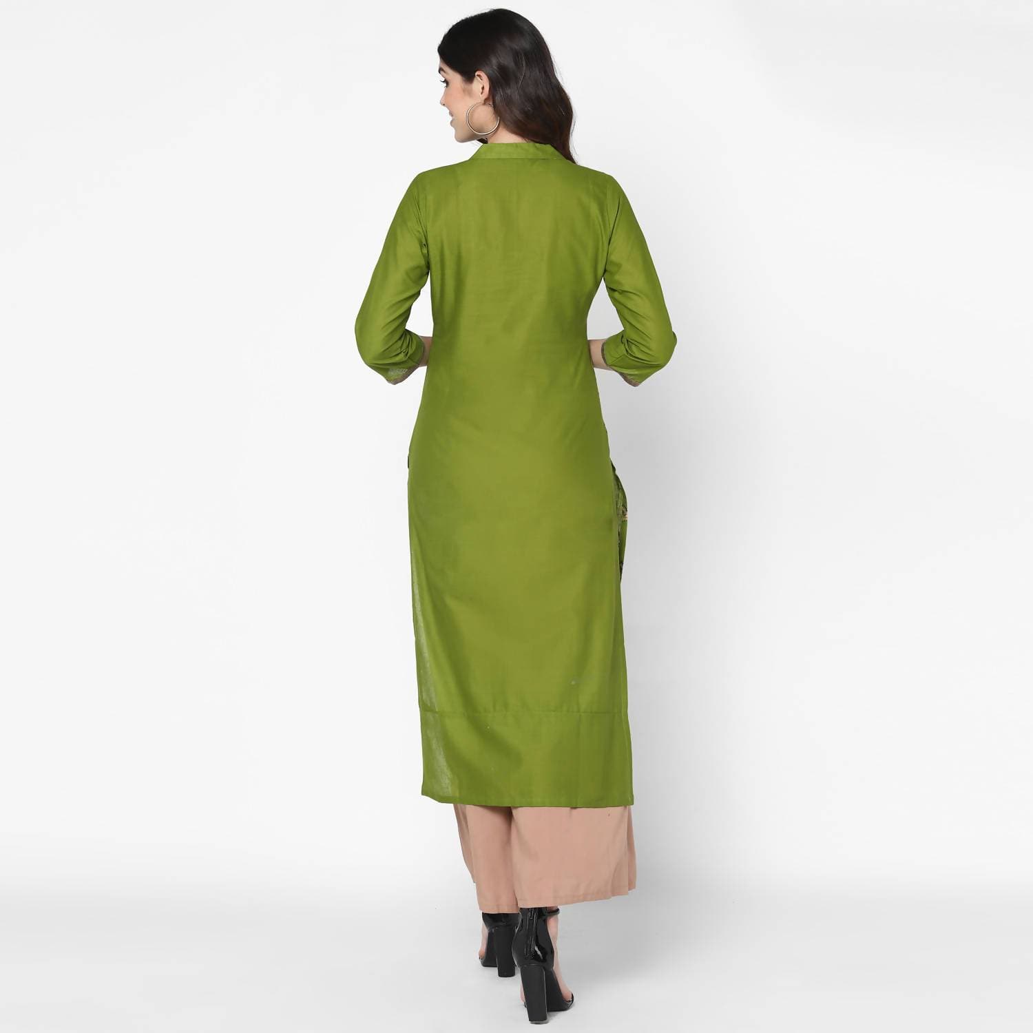 Cheera Hand Block Print Olive Green & Skin Color Straight Kurta With Palazzo (MAAI-070K)