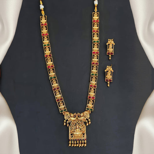 JS Fashion God Laxmi with peacock designer Temple High Gold Polish Fancy Style Long Necklace Set | Swadesiicart