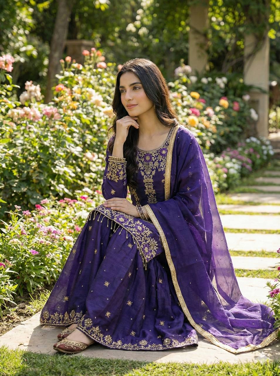 Prazu Fashion Blue Silk Embroidered With Sequence Sharara Suit