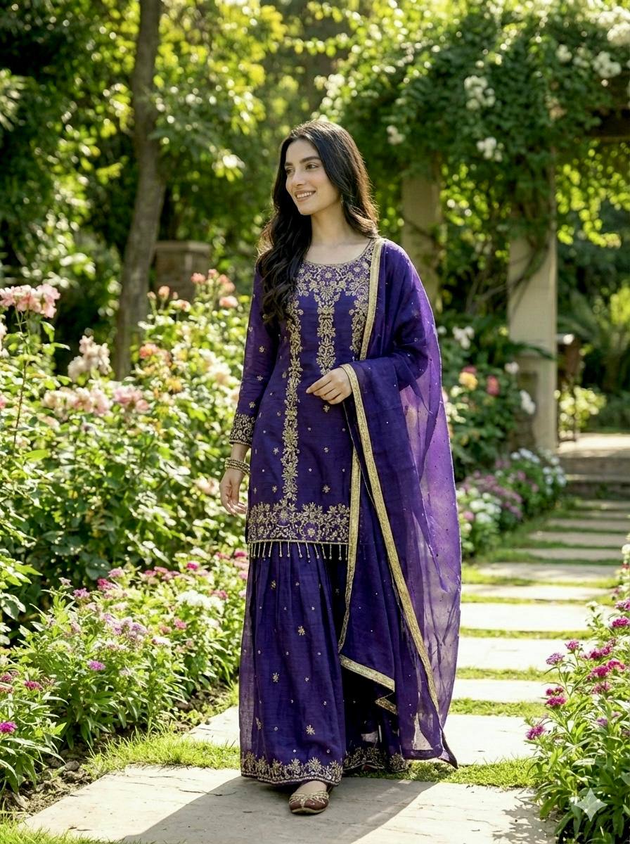 Prazu Fashion Blue Silk Embroidered With Sequence Sharara Suit