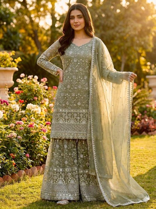 Prazu Fashion Olive Green Pure Jimmy Silk Embroidered With Sequins Sharara Suit