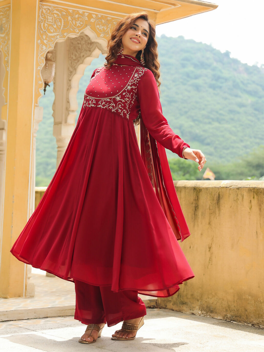 Janasya Maroon Georgette Embroidered Kurta,Bottom & Dupatta 