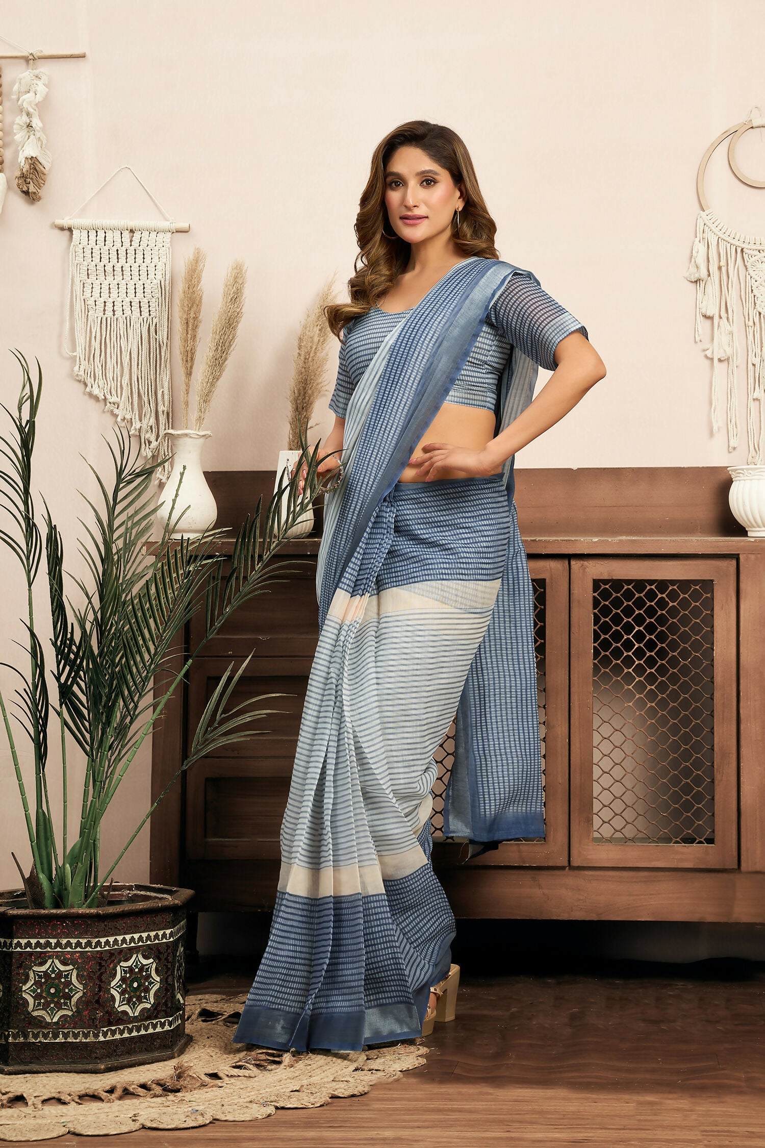 Joban Fashion Cream & Blue Striped Linen Ready To Wear Saree With Unstitched Blouse