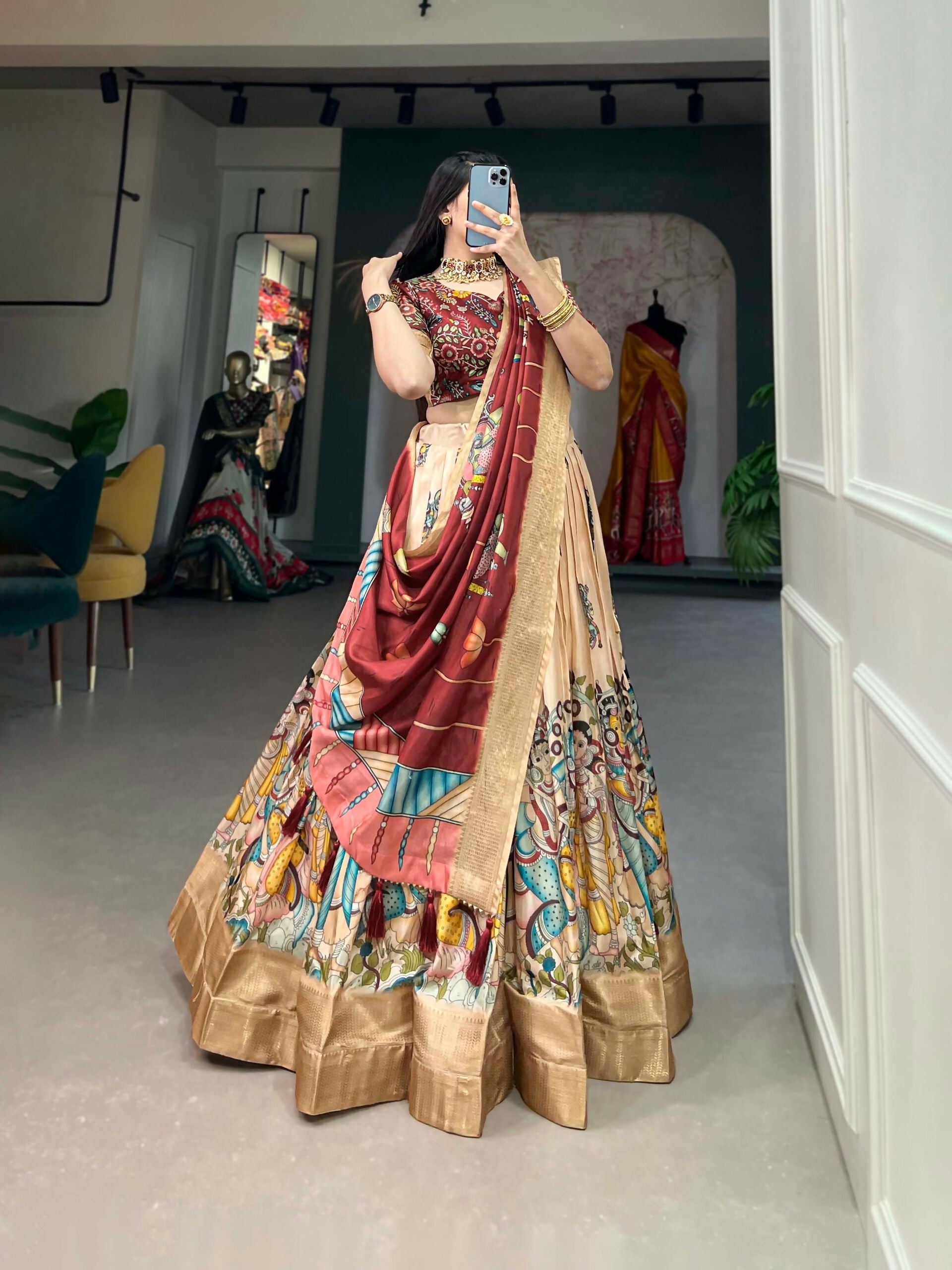 Vastranavya Kalamkari Print With Weaving Border Lehenga with Unstitched Blouse - Cream  Grab2Buy Vastranavya Grab2Buy
