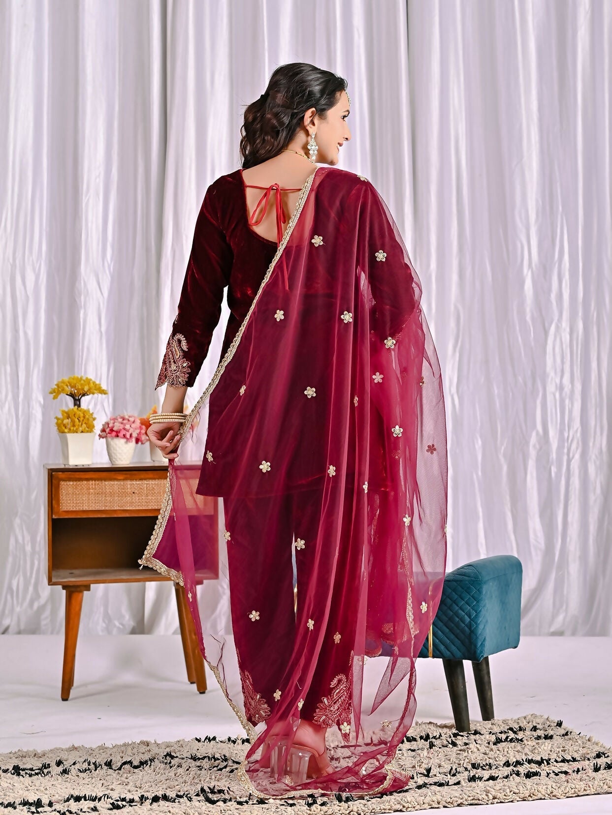 Joban Fashion Wine Velvet Sequence Embroidery Work Kurta Set