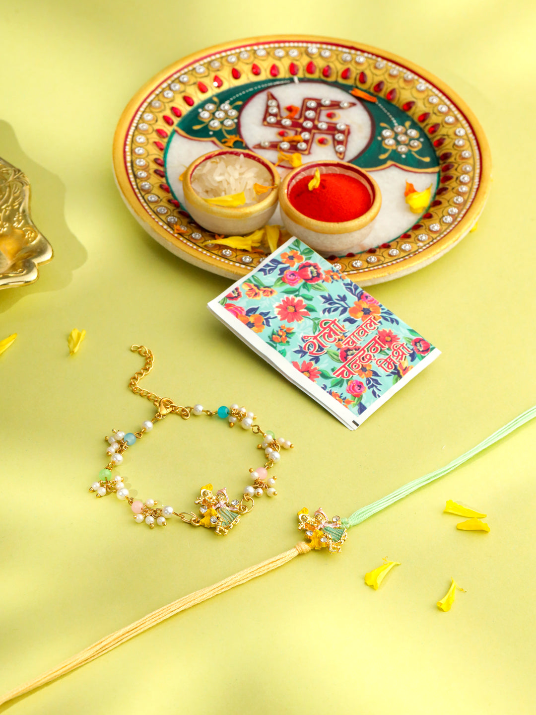 NVR Set of 2 Multicolor Gold Toned Radha Krishna Beaded Bhaiya Bhabhi Rakhi with Roli Chawal Chandan & Mishri | Grab2Buy