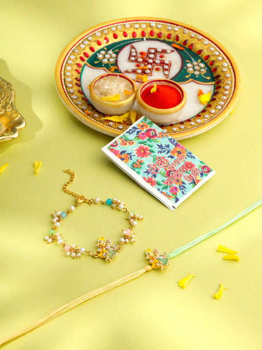 NVR Set of 2 Multicolor Gold Toned Radha Krishna Beaded Bhaiya Bhabhi Rakhi with Roli Chawal Chandan & Mishri | Grab2Buy