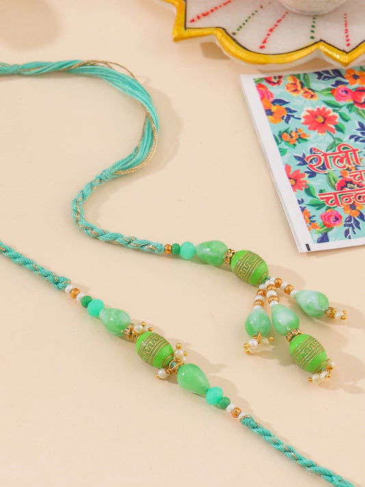 NVR Set of 2 Green Artificial Beads Bhaiya Bhabhi Rakhi with Roli Chawal Chandan & Mishri | Grab2Buy