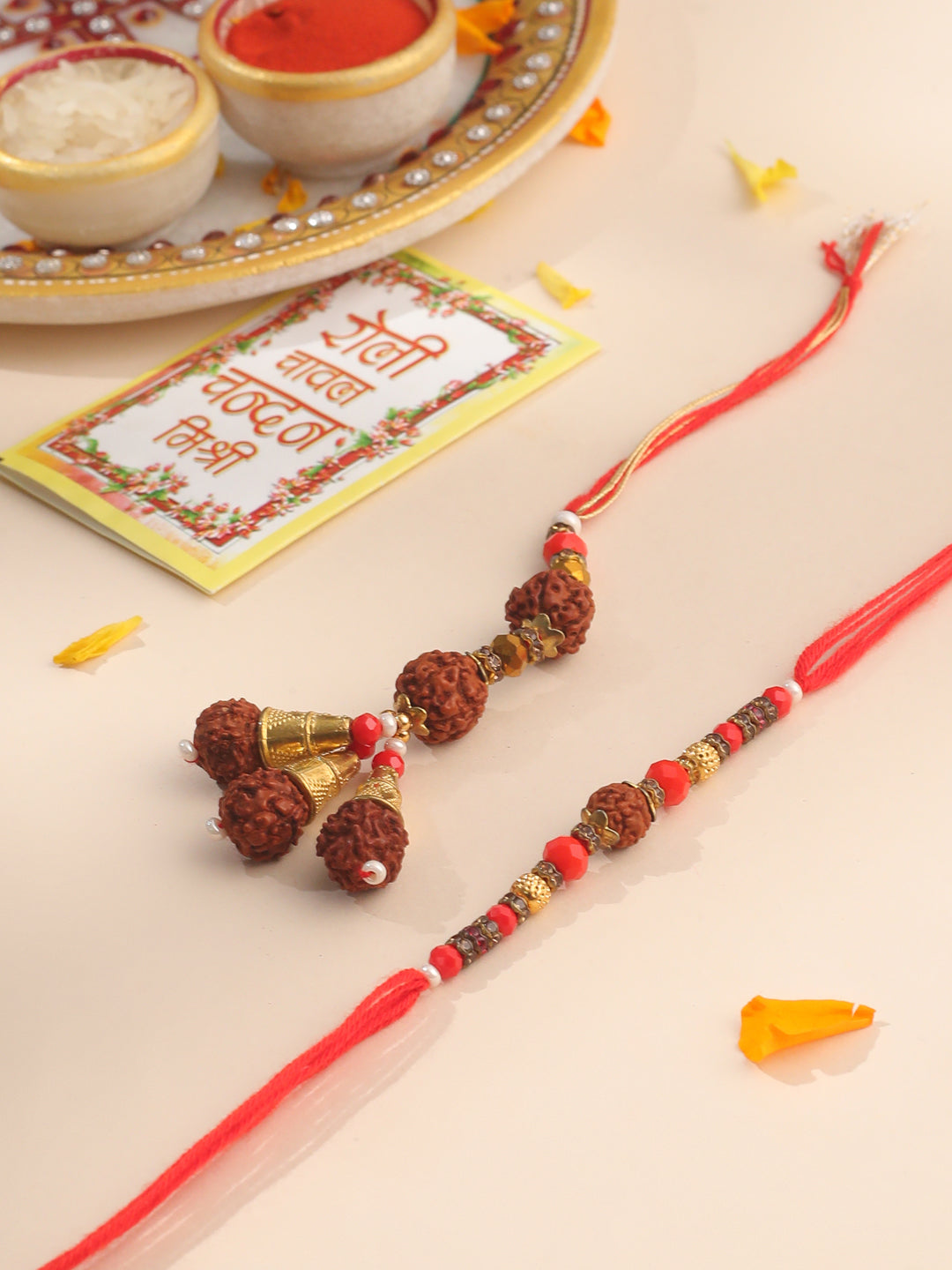 NVR Set of 2 Multicolor Rudraksh & Beads Bhaiya Bhabhi Rakhi with Roli Chawal Chandan & Mishri | Grab2Buy
