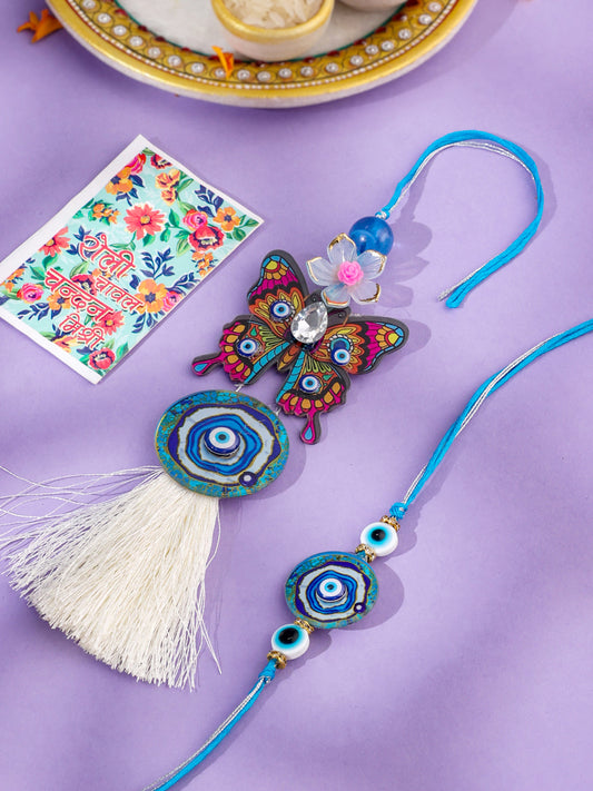 NVR Blue Evil Eye Artificial Beads Set of 2 Bhaiya Bhabhi Rakhi with Roli Chawal Chandan & Mishri | Grab2Buy
