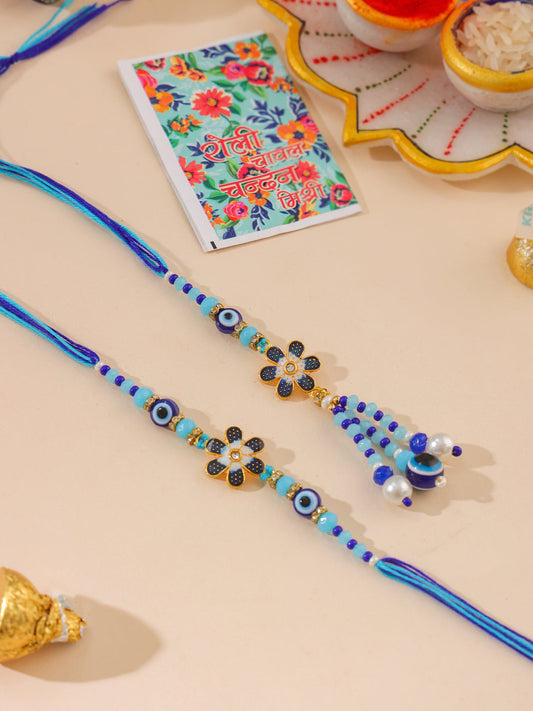 NVR Set of 2 Blue Artificial Beads Evil Eye Bhaiya Bhabhi Rakhi with Roli Chawal Chandan & Mishri | Grab2Buy