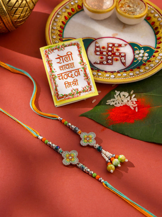 NVR Set of 2 Multicolor Artificial Stones & Beads Floral Bhaiya Bhabhi Rakhi with Roli Chawal Chandan & Mishri | Grab2Buy