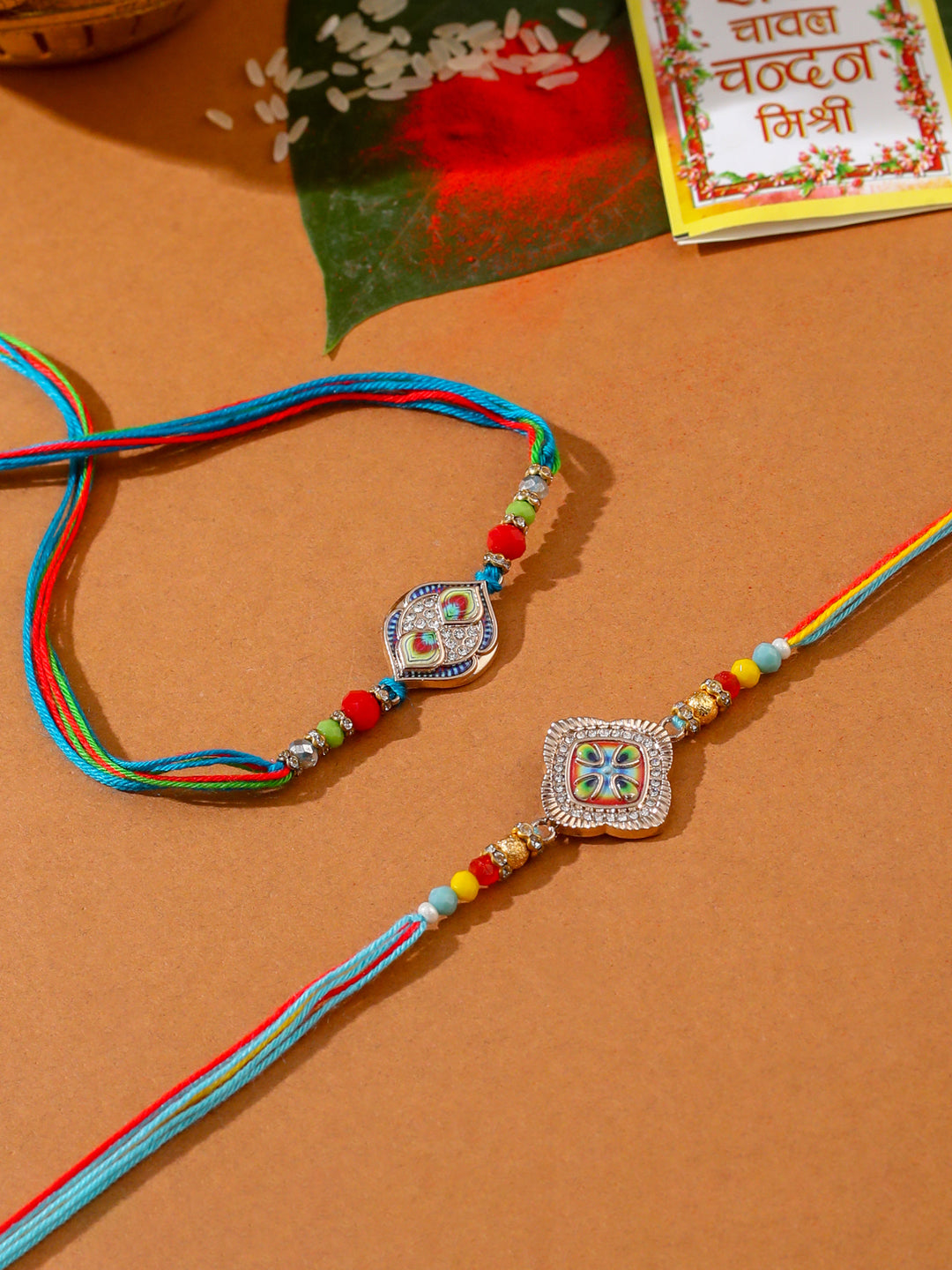 NVR Men Set of 2 Multicolor Artificial Stones Thread Rakhi with Roli Chawal Chandan & Mishri | Grab2Buy